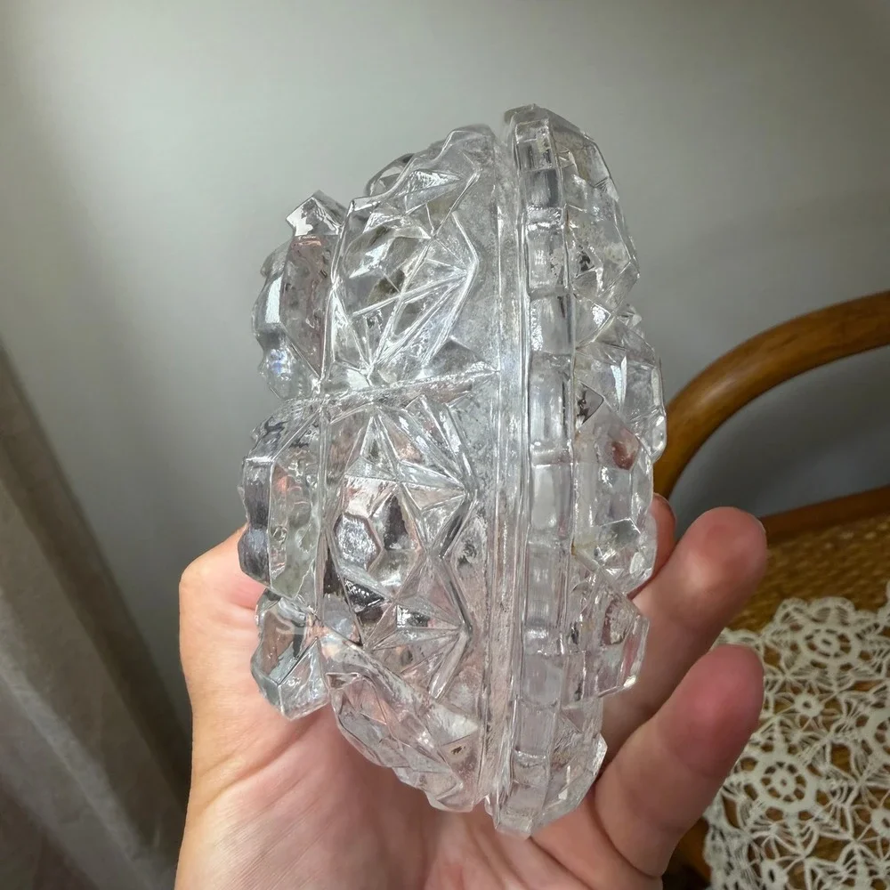 Vintage Glass Diamond Point Clear Covered Candy Dish Footed Oval 5in